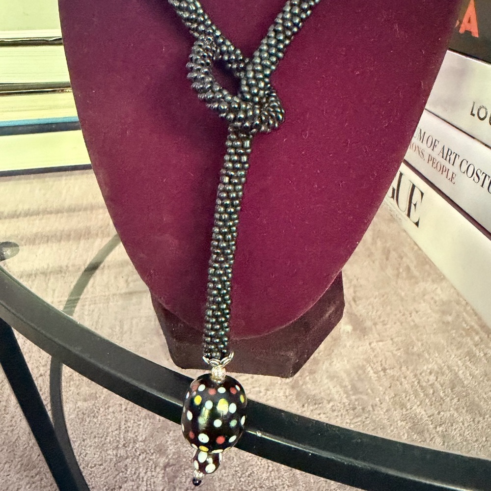 Black Beaded Lariat Necklace with Multicolor Dot Glass Pendant